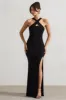 Jianna | Black Cross Over Halter-Neck Split Maxi Dress sold by Club L London