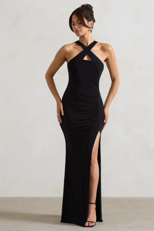 Jianna | Black Cross Over Halter-Neck Split Maxi Dress sold by Club L London