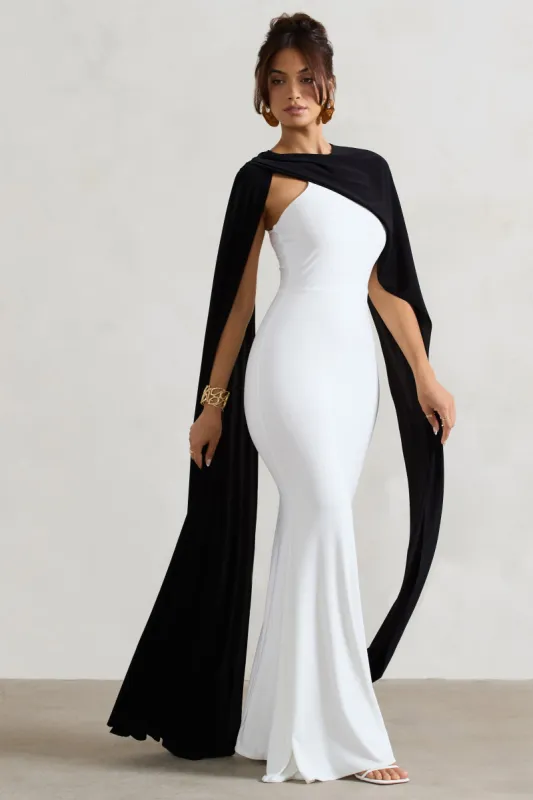 Vianna | White Strapless Maxi Dress With Black Cape sold by Club L London