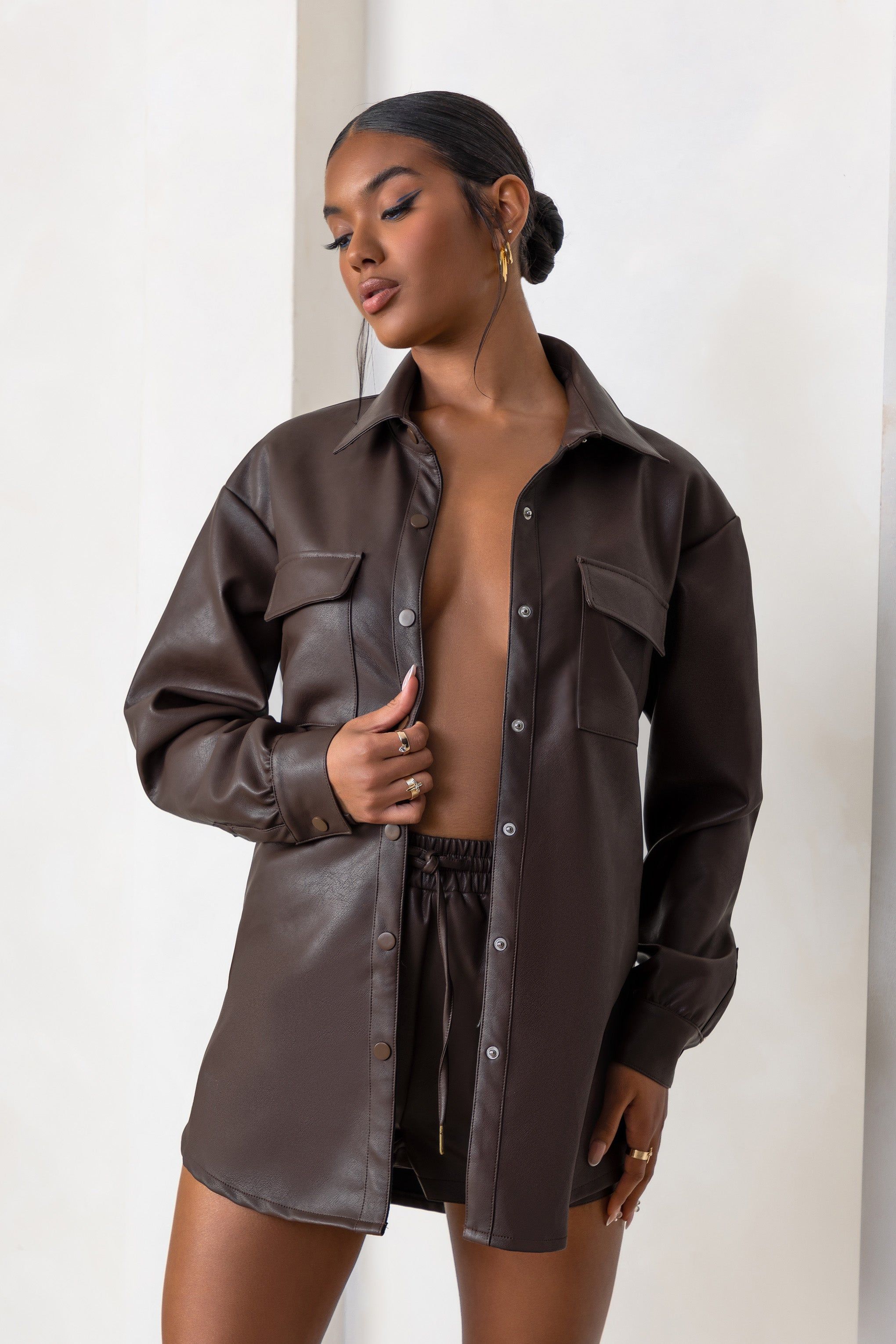 For Keeps | Brown Faux Leather Oversized Utility Shirt sold by Club L London