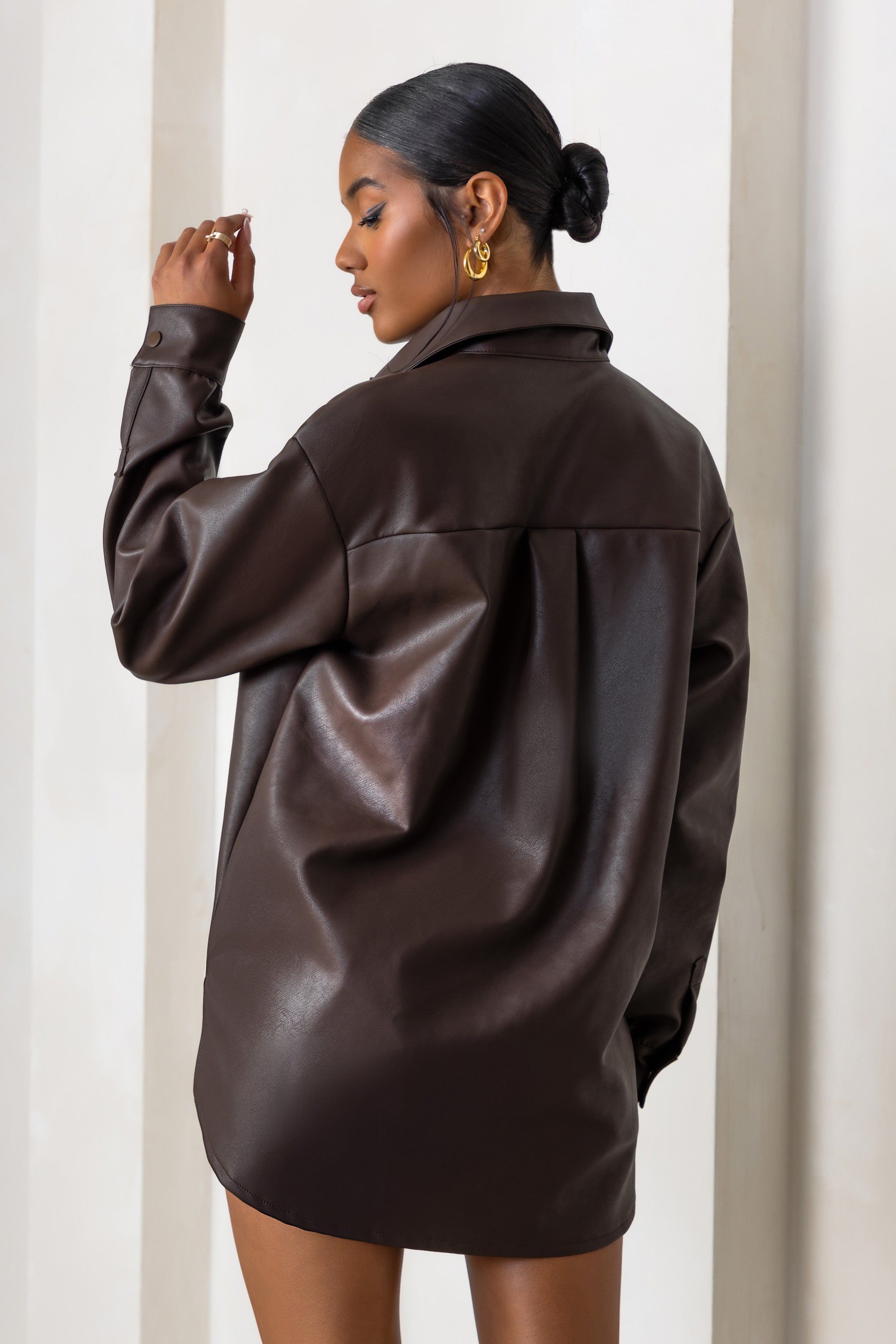 For Keeps | Brown Faux Leather Oversized Utility Shirt sold by Club L London product image thumbnail 2