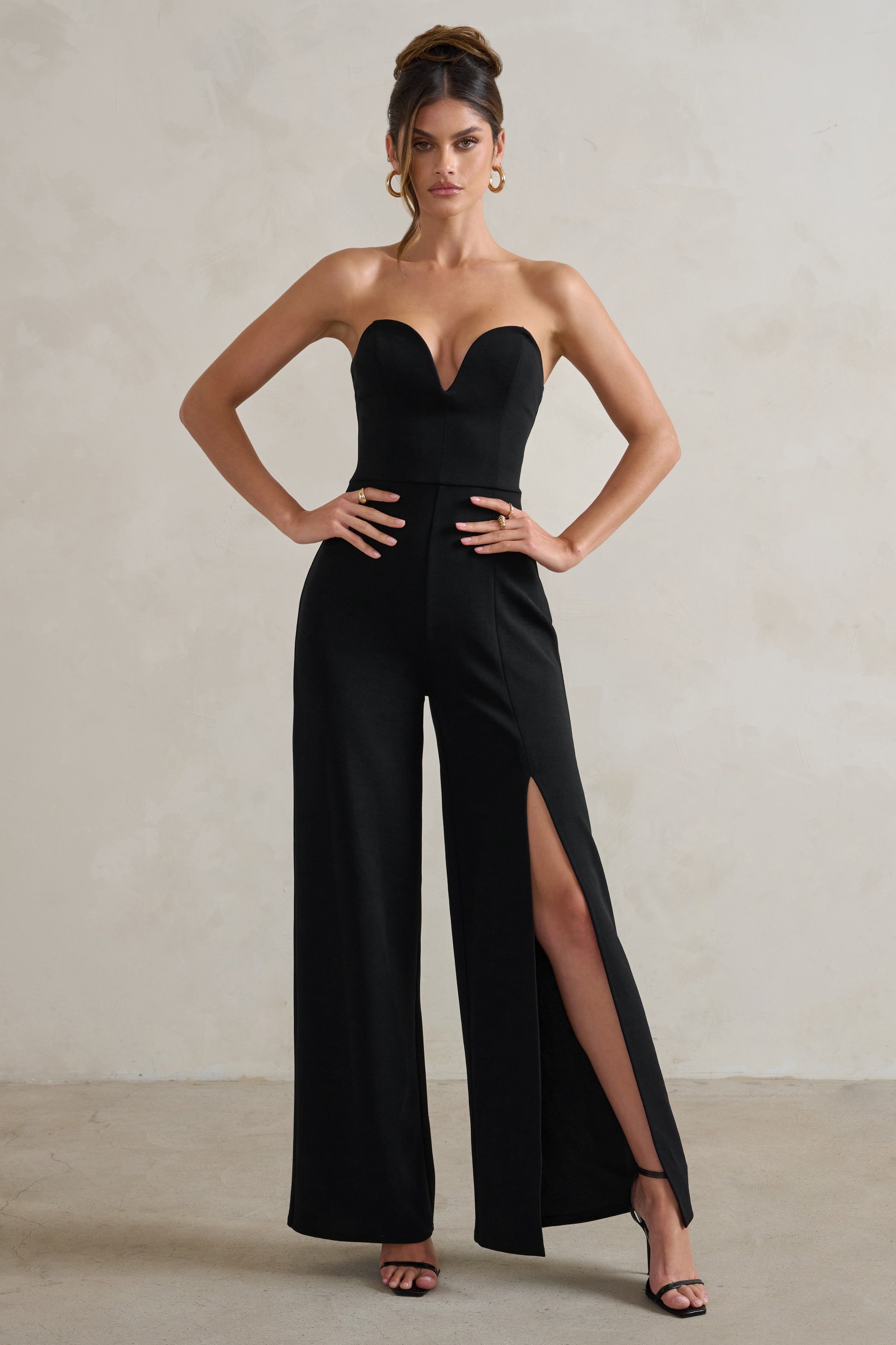 Tory | Black Strapless Sweetheart Wide Leg Jumpsuit With Split sold by Club L London product image thumbnail 4