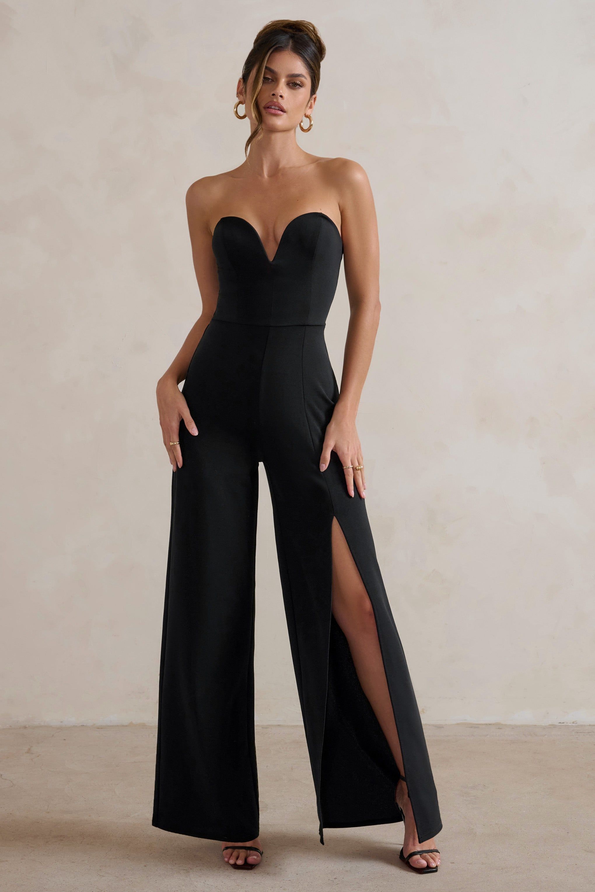 Tory | Black Strapless Sweetheart Wide Leg Jumpsuit With Split sold by Club L London