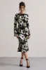 Arlitta | Black Floral Print Satin Long-Sleeve Midi Dress sold by Club L London