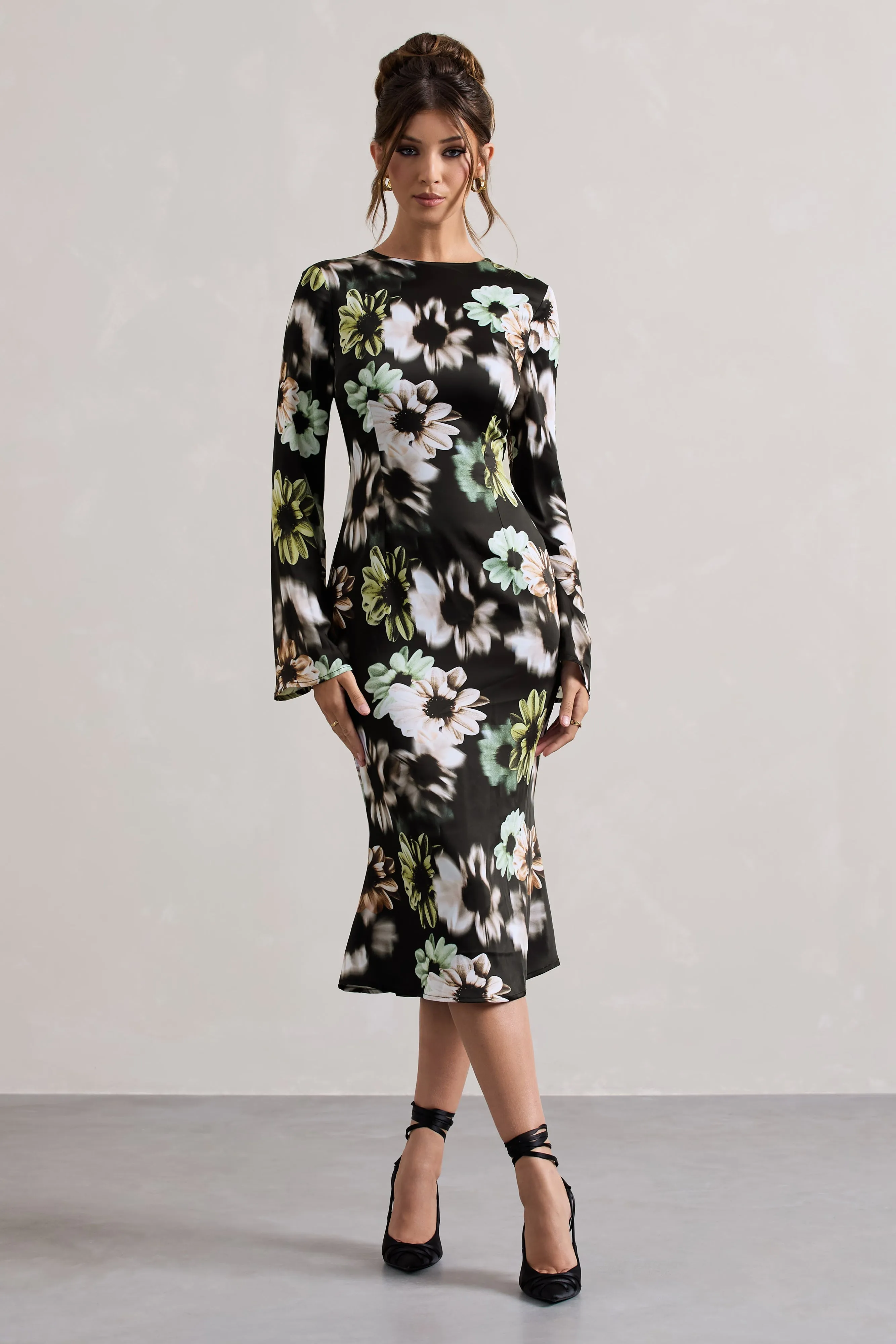 Arlitta | Black Floral Print Satin Long-Sleeve Midi Dress sold by Club L London product image thumbnail 5