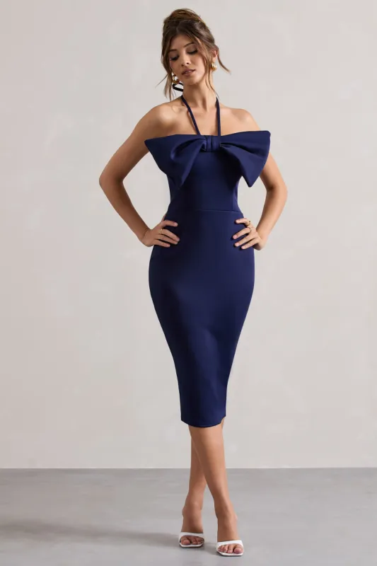 Carly | Navy Halter-Neck Midi Dress With Bow sold by Club L London