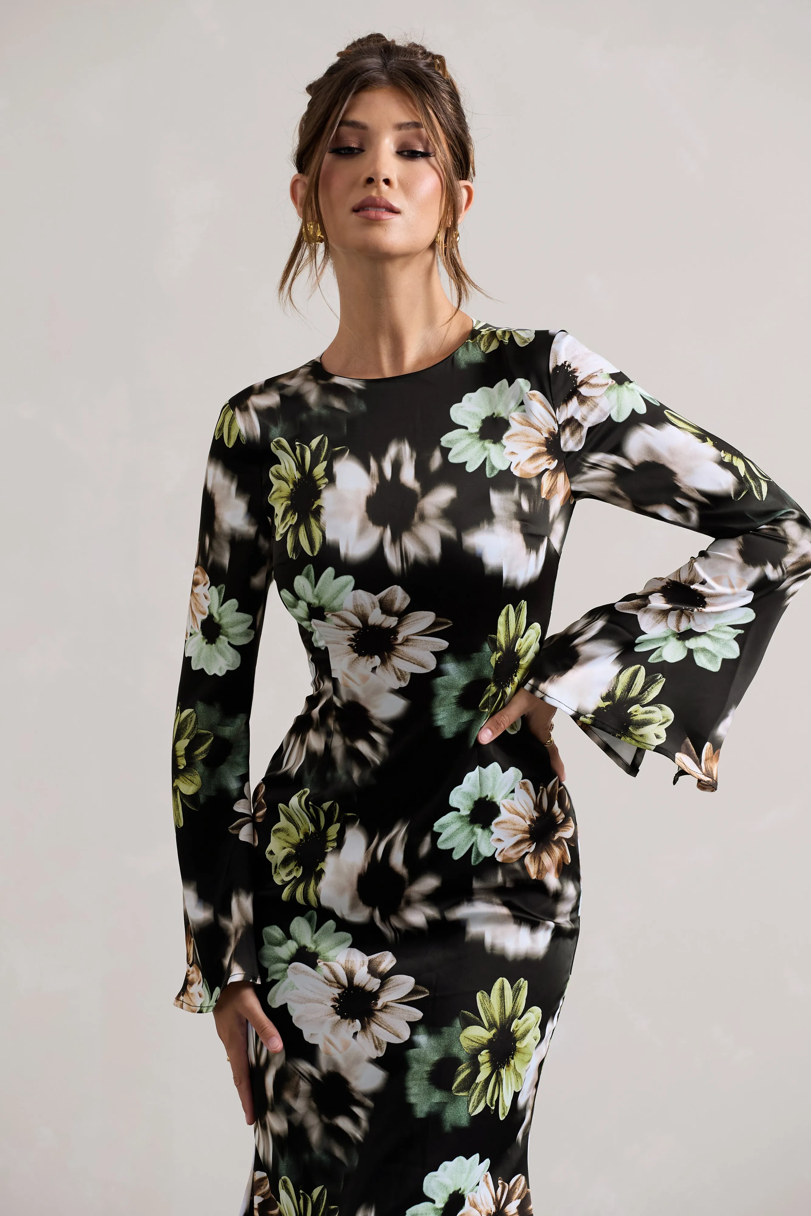 Arlitta | Black Floral Print Satin Long-Sleeve Midi Dress sold by Club L London product image thumbnail 3