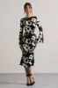 Arlitta | Black Floral Print Satin Long-Sleeve Midi Dress sold by Club L London