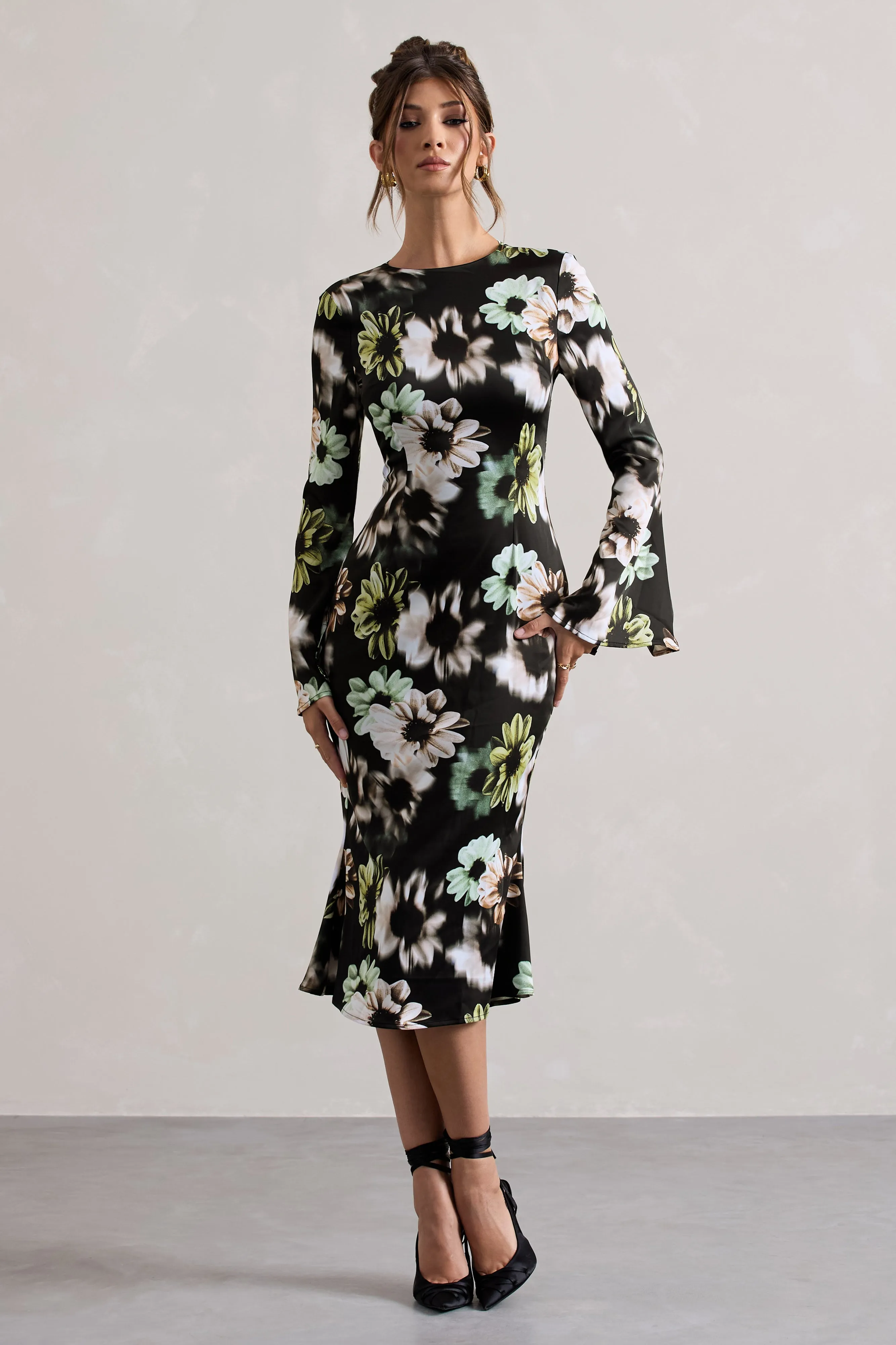 Arlitta | Black Floral Print Satin Long-Sleeve Midi Dress sold by Club L London product image thumbnail 4