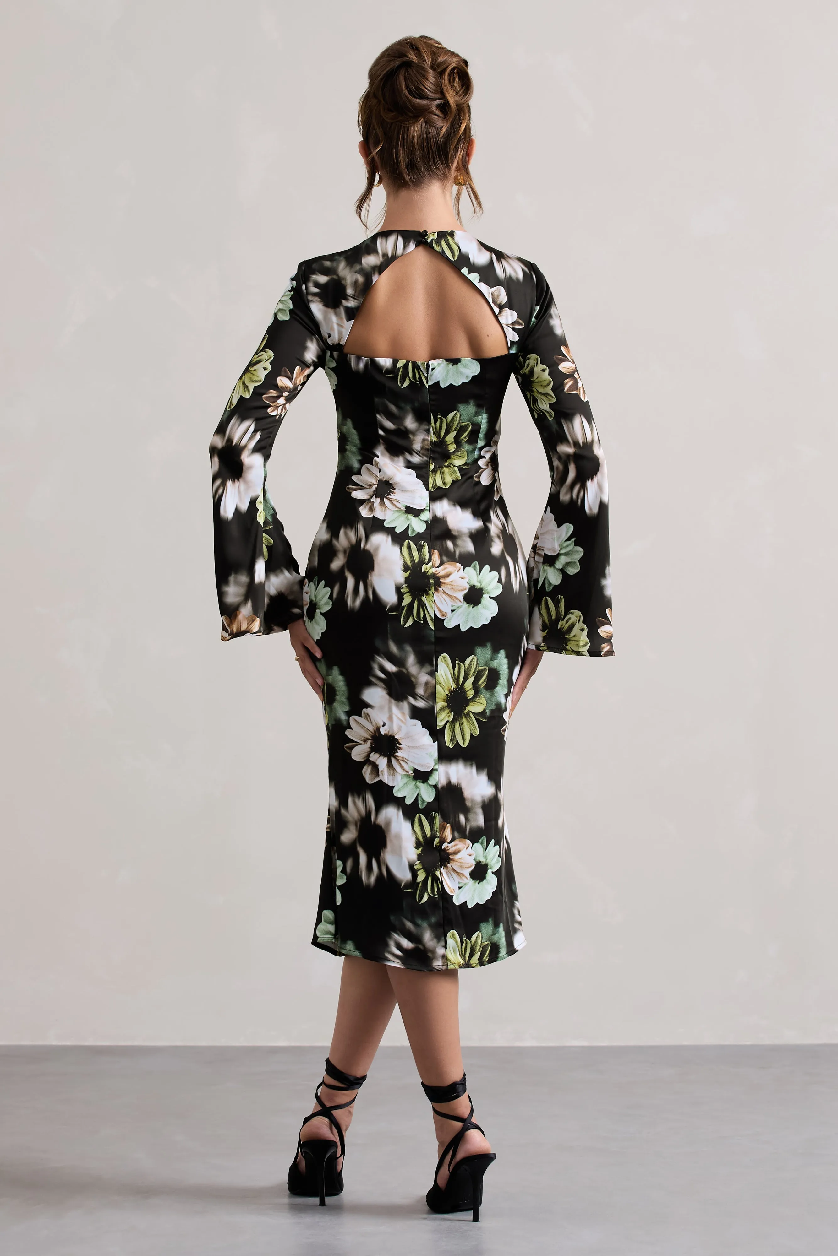 Arlitta | Black Floral Print Satin Long-Sleeve Midi Dress sold by Club L London product image thumbnail 2