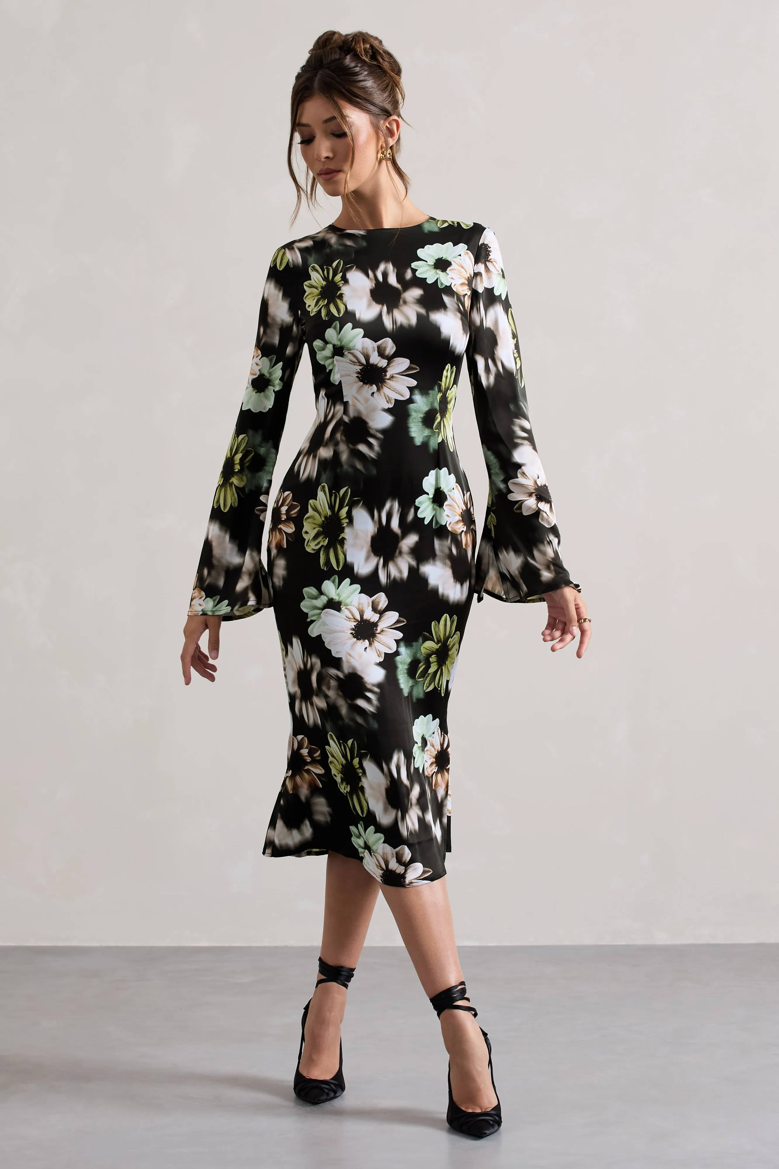 Arlitta | Black Floral Print Satin Long-Sleeve Midi Dress sold by Club L London
