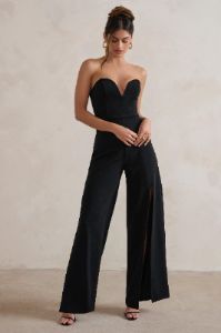 Tory | Black Strapless Sweetheart Wide Leg Jumpsuit With Split sold by Club L London
