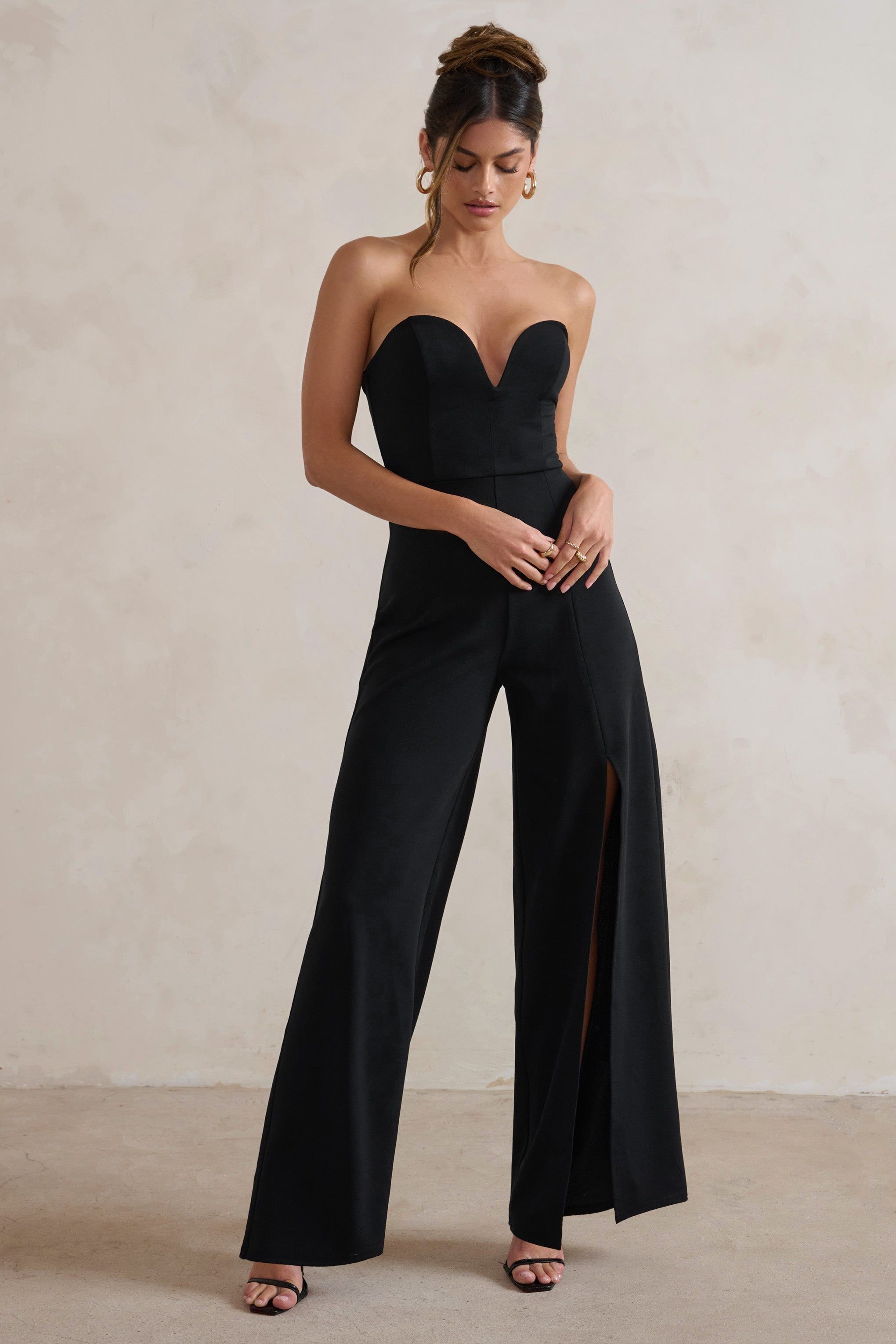Tory | Black Strapless Sweetheart Wide Leg Jumpsuit With Split sold by Club L London product image thumbnail 3