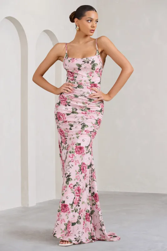 Adele | Pink Floral Print Backless Ruched Fishtail Cami Maxi Dress sold by Club L London