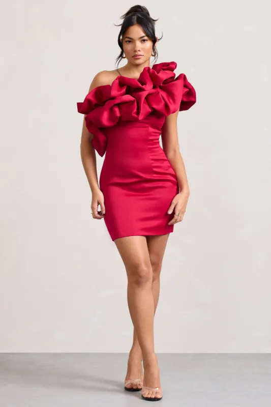 At The Opera | Red Satin One Shoulder Ruffled Mini Dress sold by Club L London