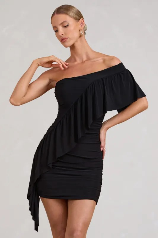 Parfait | Black Asymmetric Ruched Mini Dress With Statement Ruffles sold by Club L London