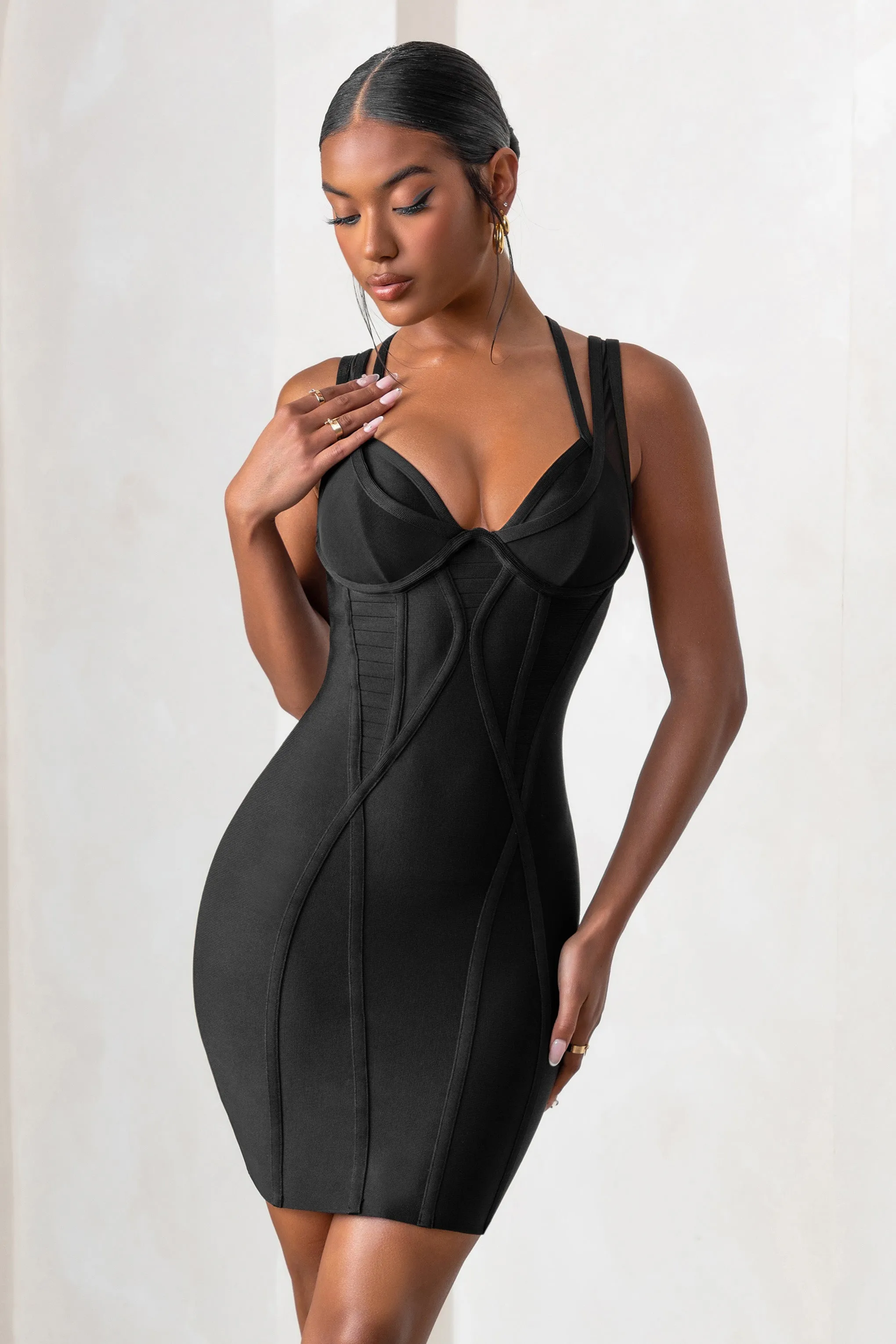 Jetsetter | Black Bandage Wired Mini Dress With Shaping Seam Detail sold by Club L London product image thumbnail 4