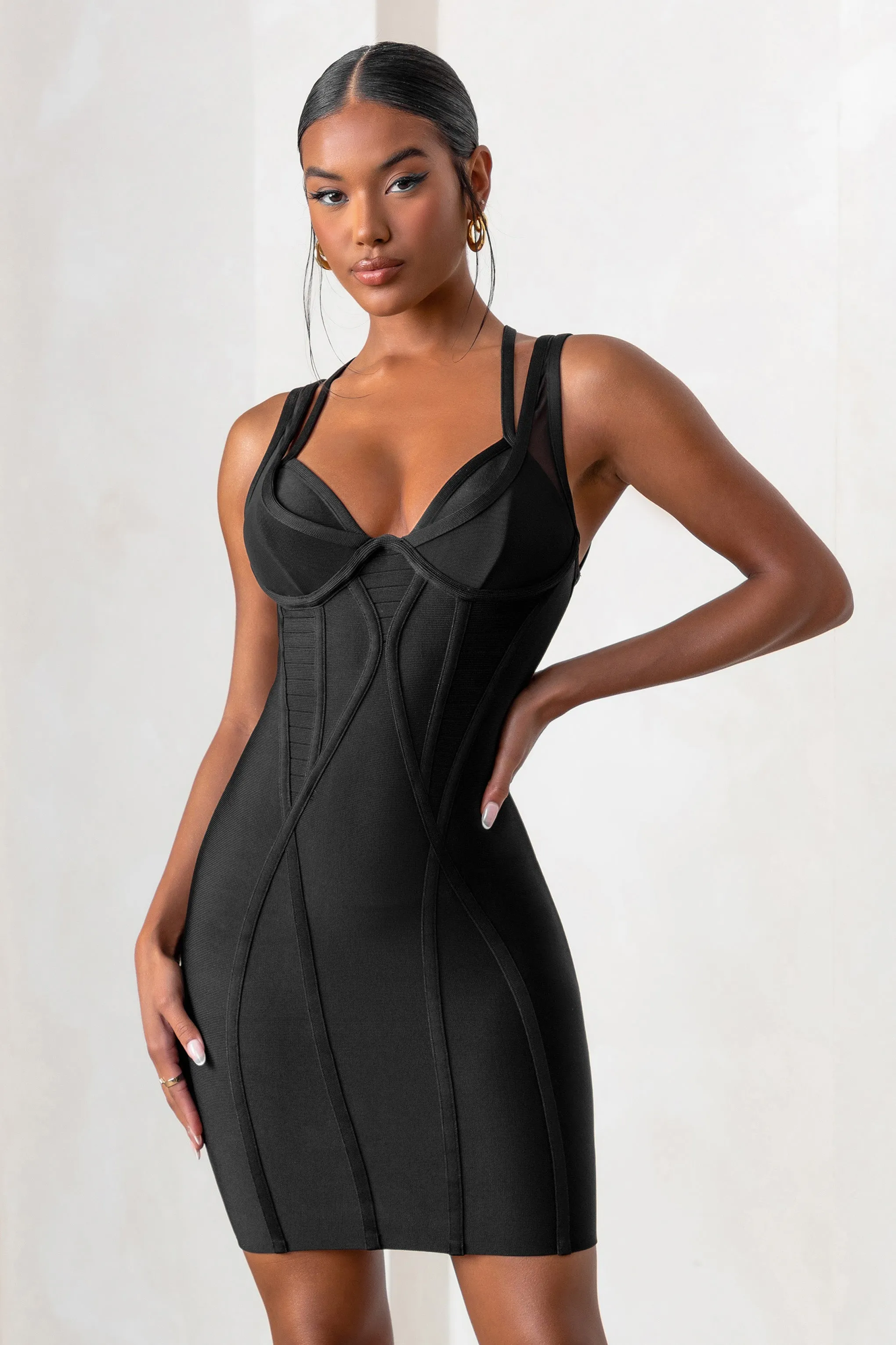 Jetsetter | Black Bandage Wired Mini Dress With Shaping Seam Detail sold by Club L London