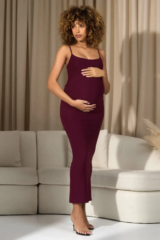 Oakley | Burgundy Strappy Square-Neck Split Maternity Maxi Dress made by Club L London