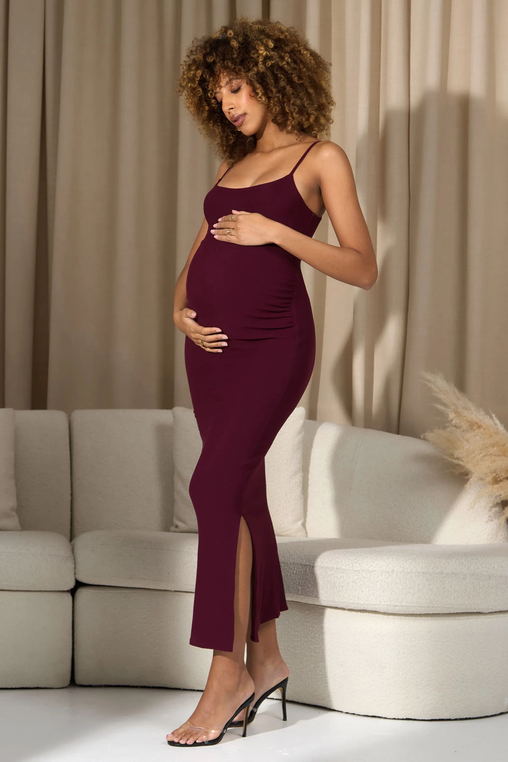 Oakley | Burgundy Strappy Square-Neck Split Maternity Maxi Dress sold by Club L London product image thumbnail 5
