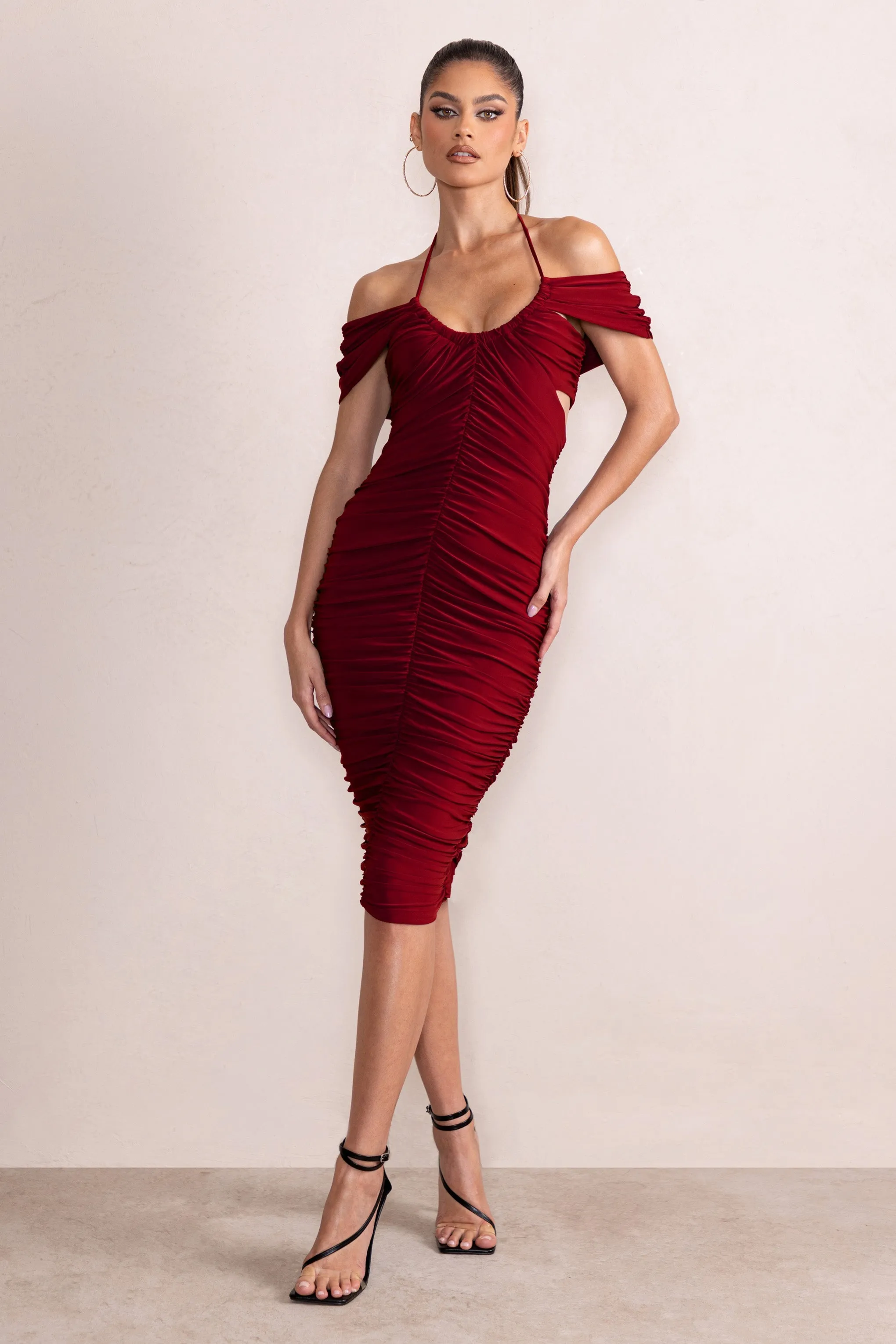 Dulcie | Burgundy Halter Neck Cut Out Ruched Midi Dress sold by Club L London