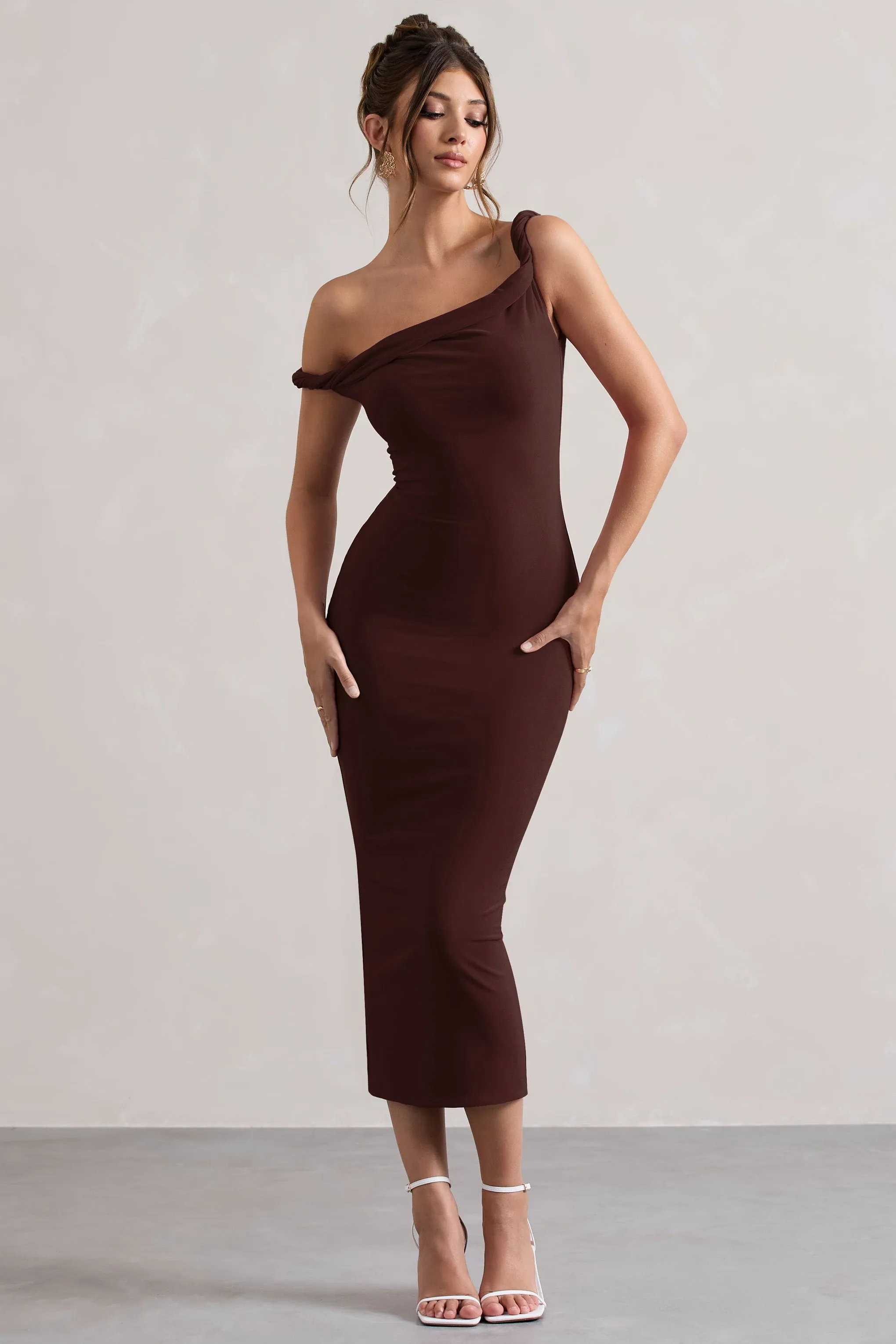Salome | Chocolate Brown Twisted Asymmetric Midi Dress sold by Club L London