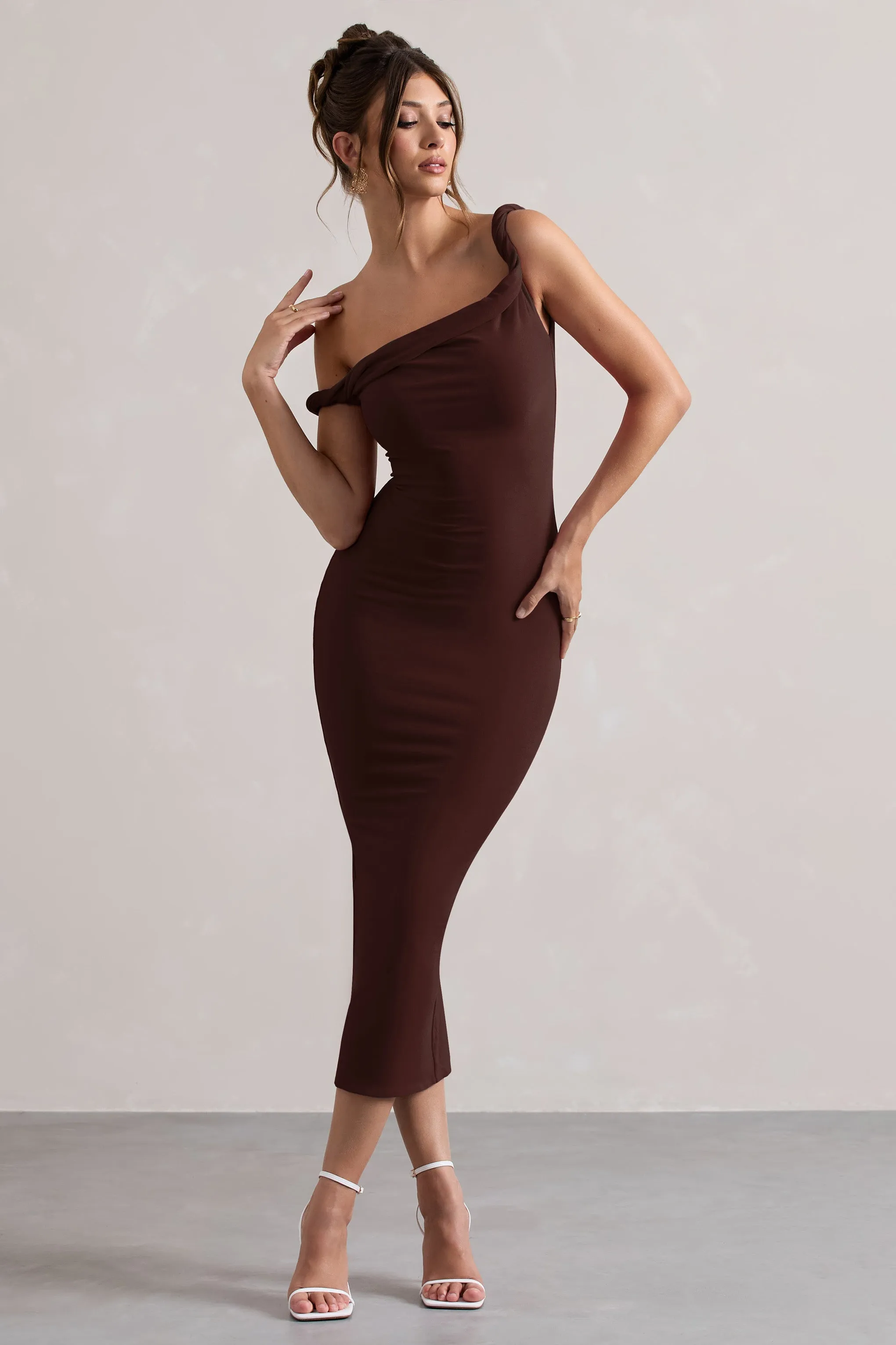 Salome | Chocolate Brown Twisted Asymmetric Midi Dress sold by Club L London product image thumbnail 4