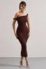 Salome | Chocolate Brown Twisted Asymmetric Midi Dress sold by Club L London