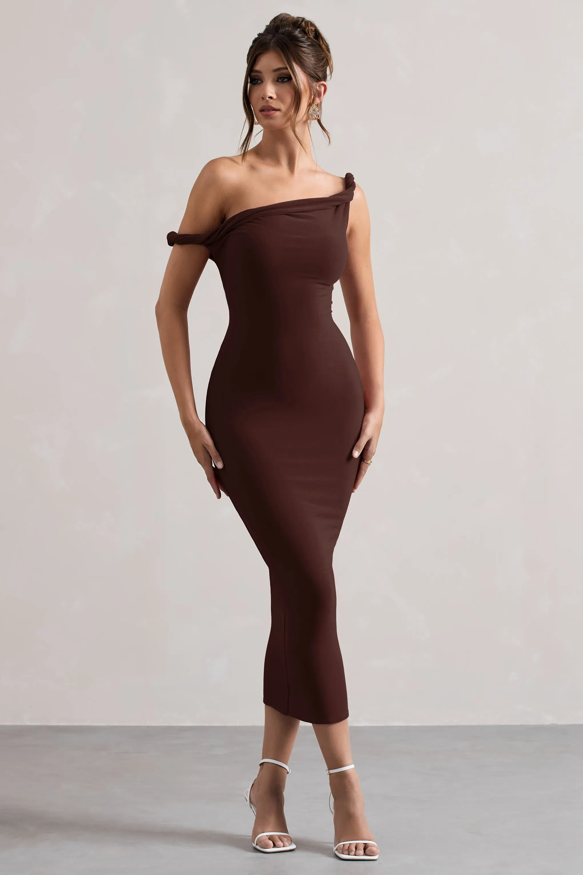 Salome | Chocolate Brown Twisted Asymmetric Midi Dress sold by Club L London product image thumbnail 3