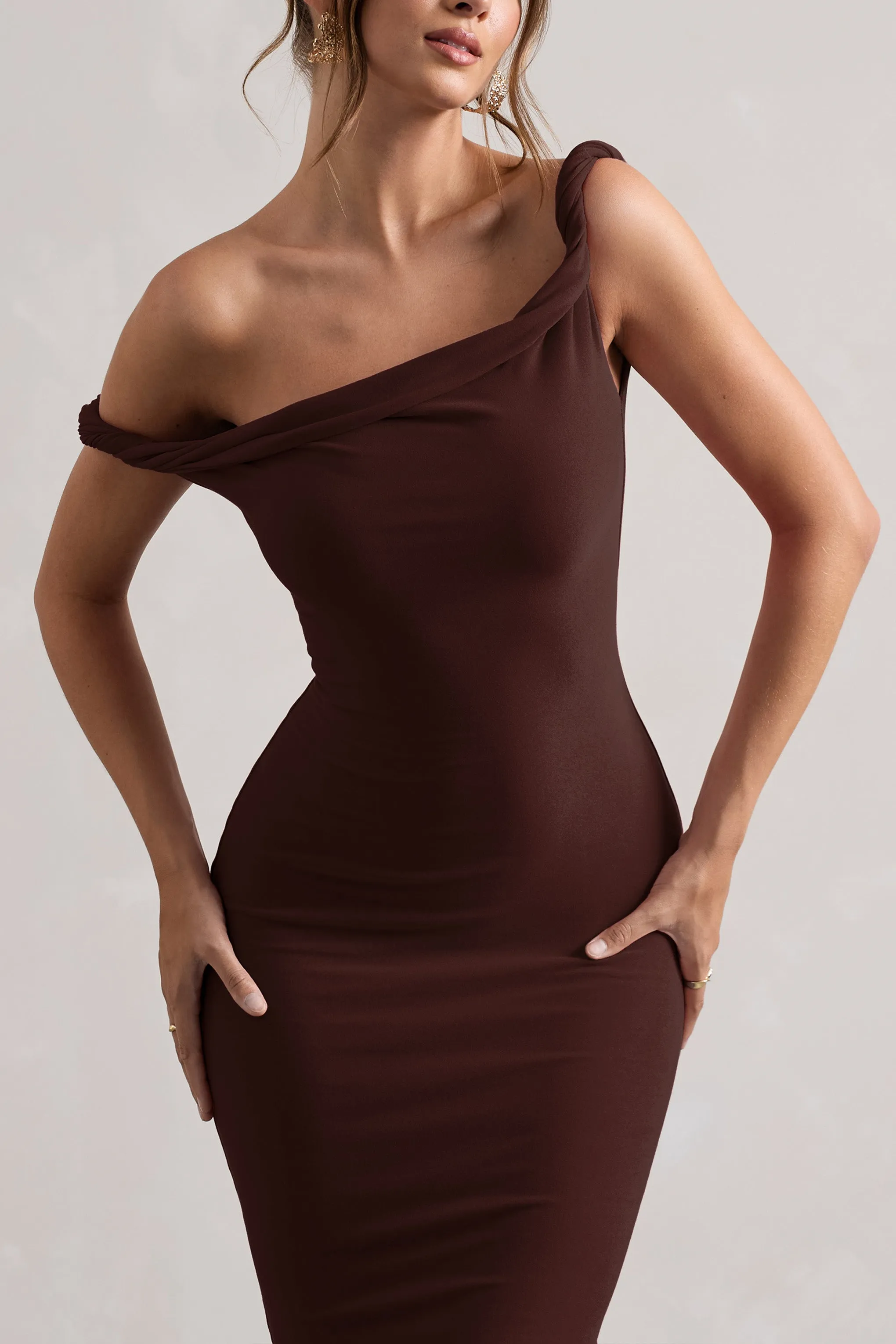 Salome | Chocolate Brown Twisted Asymmetric Midi Dress sold by Club L London product image thumbnail 2