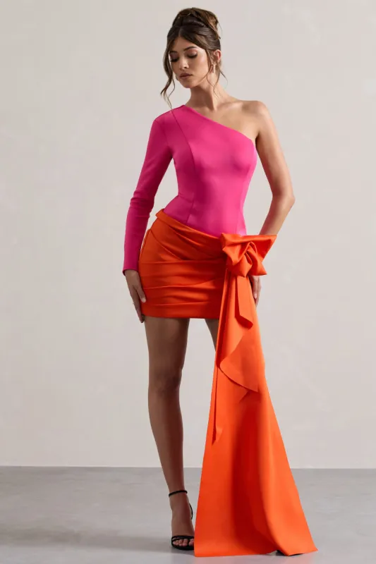 Abstract | Pink & Orange One Shoulder Mini Dress With Side Drape sold by Club L London