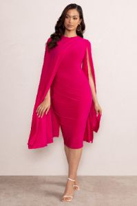 Marysol | Pink Asymmetric Cape Midi Dress sold by Club L London
