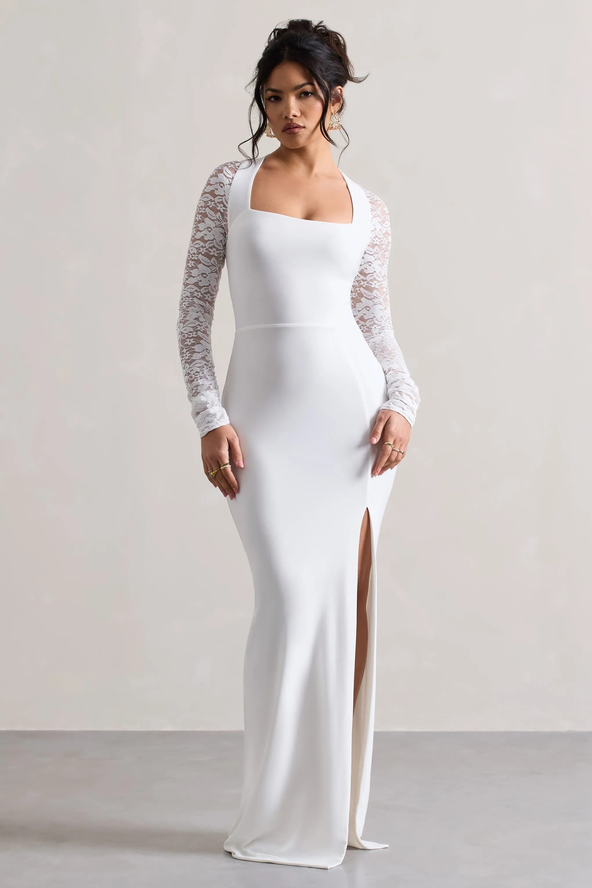 For Love | White Split Maxi Dress With Lace Sleeves sold by Club L London product image thumbnail 3