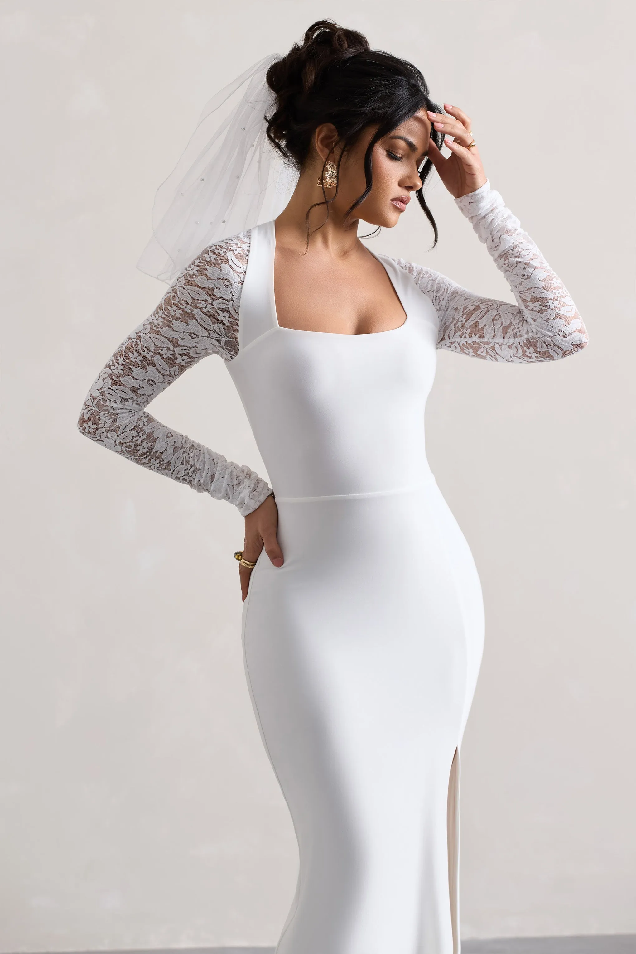 For Love | White Split Maxi Dress With Lace Sleeves sold by Club L London product image thumbnail 5