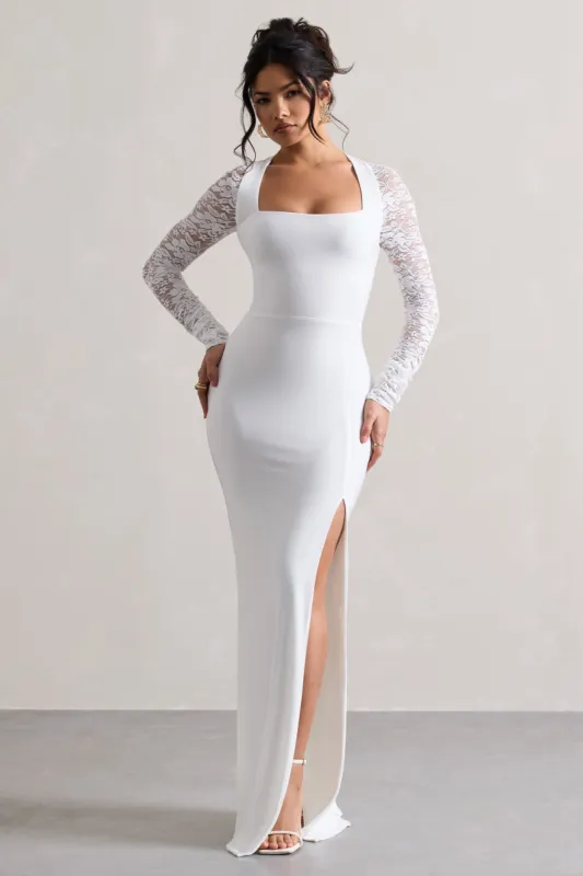 For Love | White Split Maxi Dress With Lace Sleeves sold by Club L London