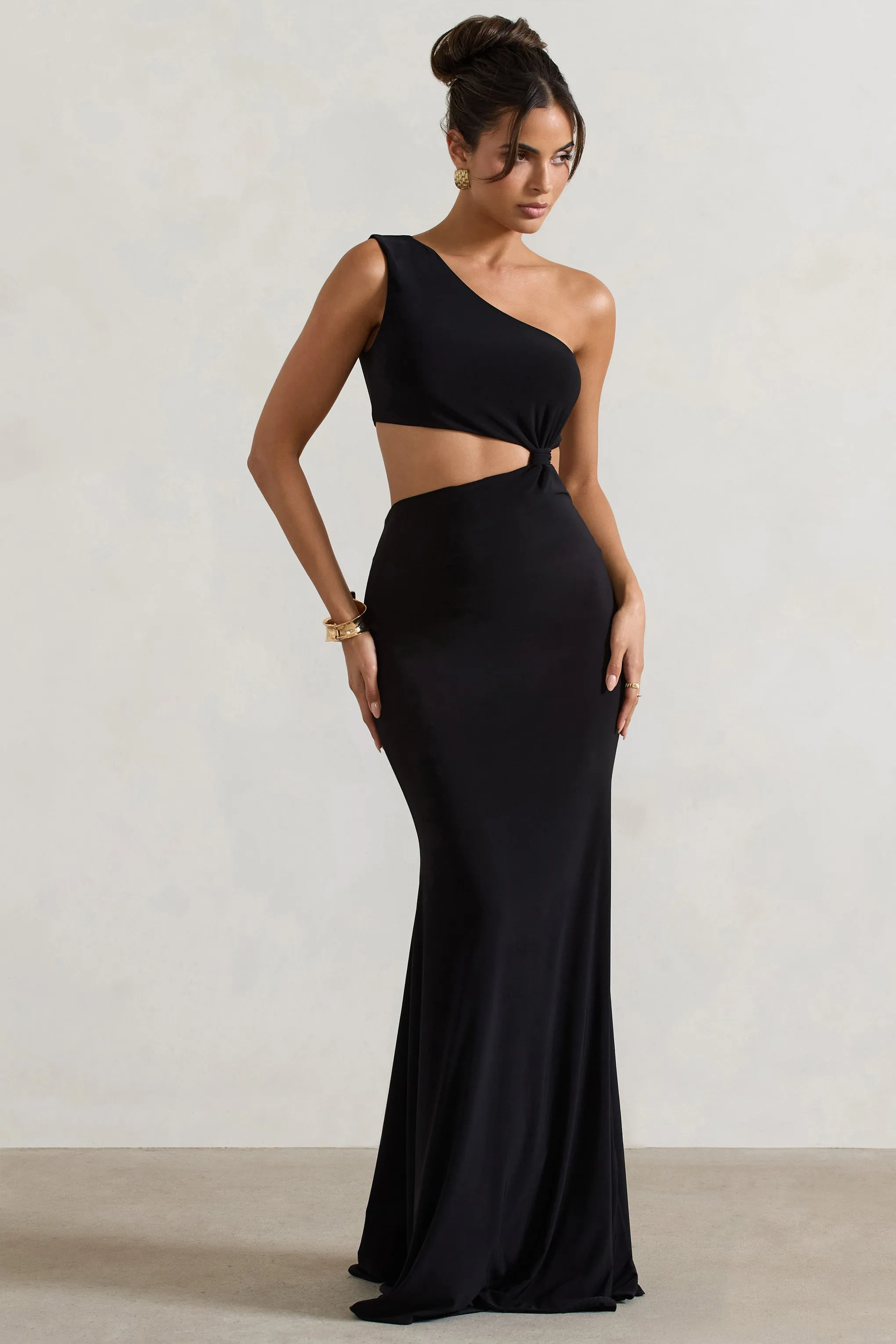 Aspyn | Black Asymmetric Twisted Cut-Out Fishtail Maxi Dress sold by Club L London