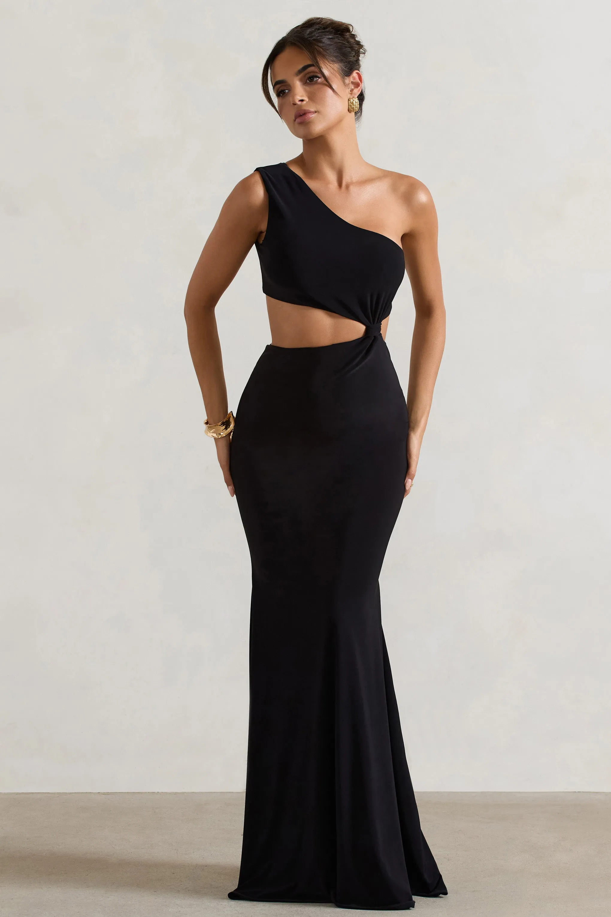 Aspyn | Black Asymmetric Twisted Cut-Out Fishtail Maxi Dress sold by Club L London product image thumbnail 4
