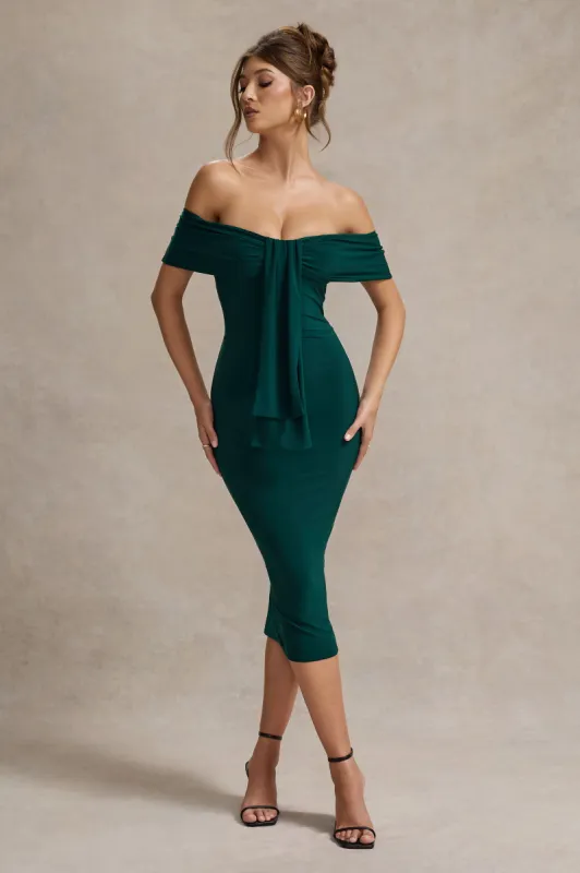 Selbie | Bottle Green Bardot Midi Dress With Drape sold by Club L London