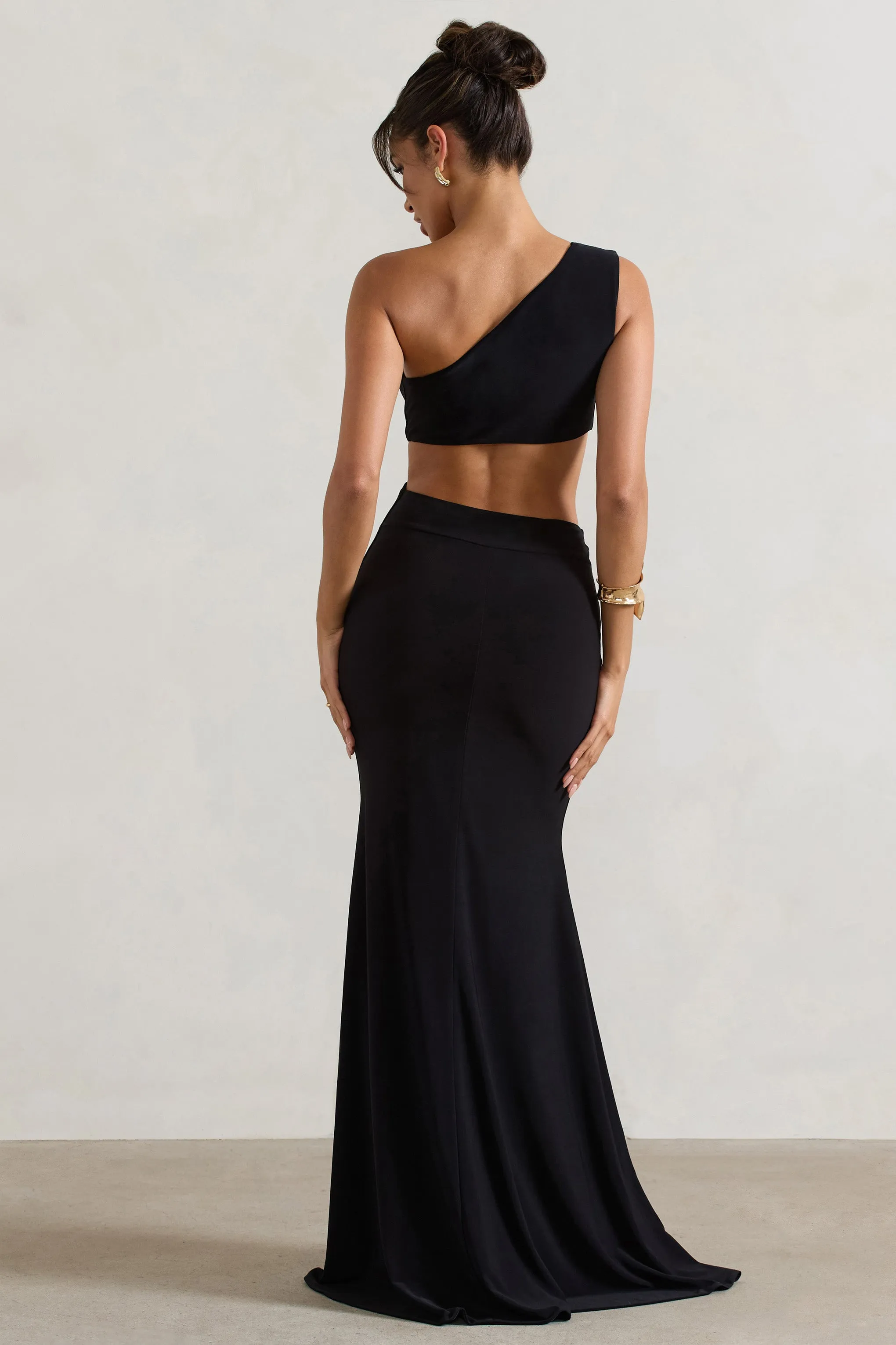 Aspyn | Black Asymmetric Twisted Cut-Out Fishtail Maxi Dress sold by Club L London product image thumbnail 2