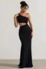 Aspyn | Black Asymmetric Twisted Cut-Out Fishtail Maxi Dress sold by Club L London