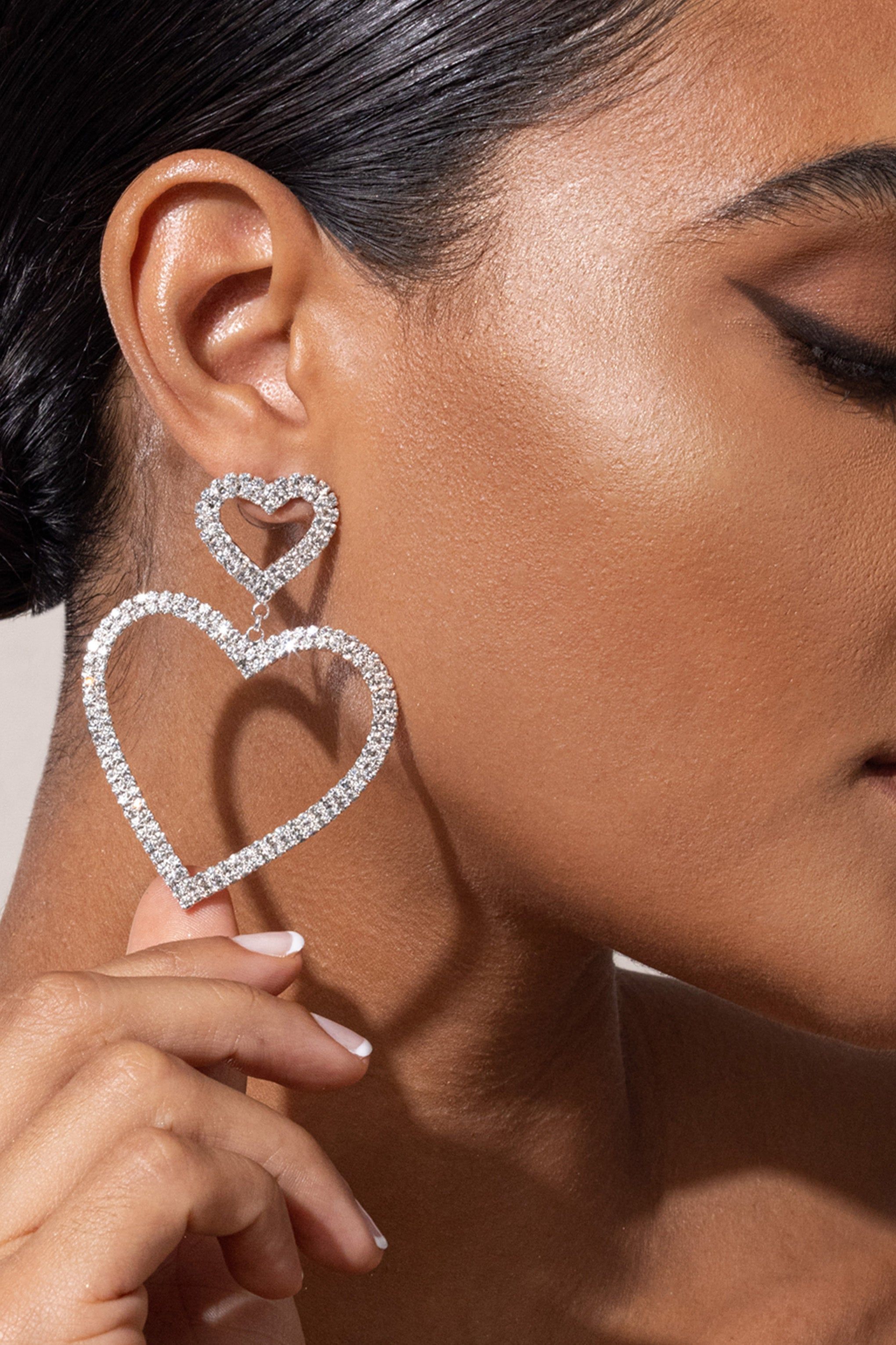 Luisa | Silver Diamante Heart Shape Drop Earrings sold by Club L London product image thumbnail 2