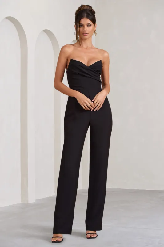 Bellezza | Black Bandeau Corset Wide Leg Jumpsuit sold by Club L London