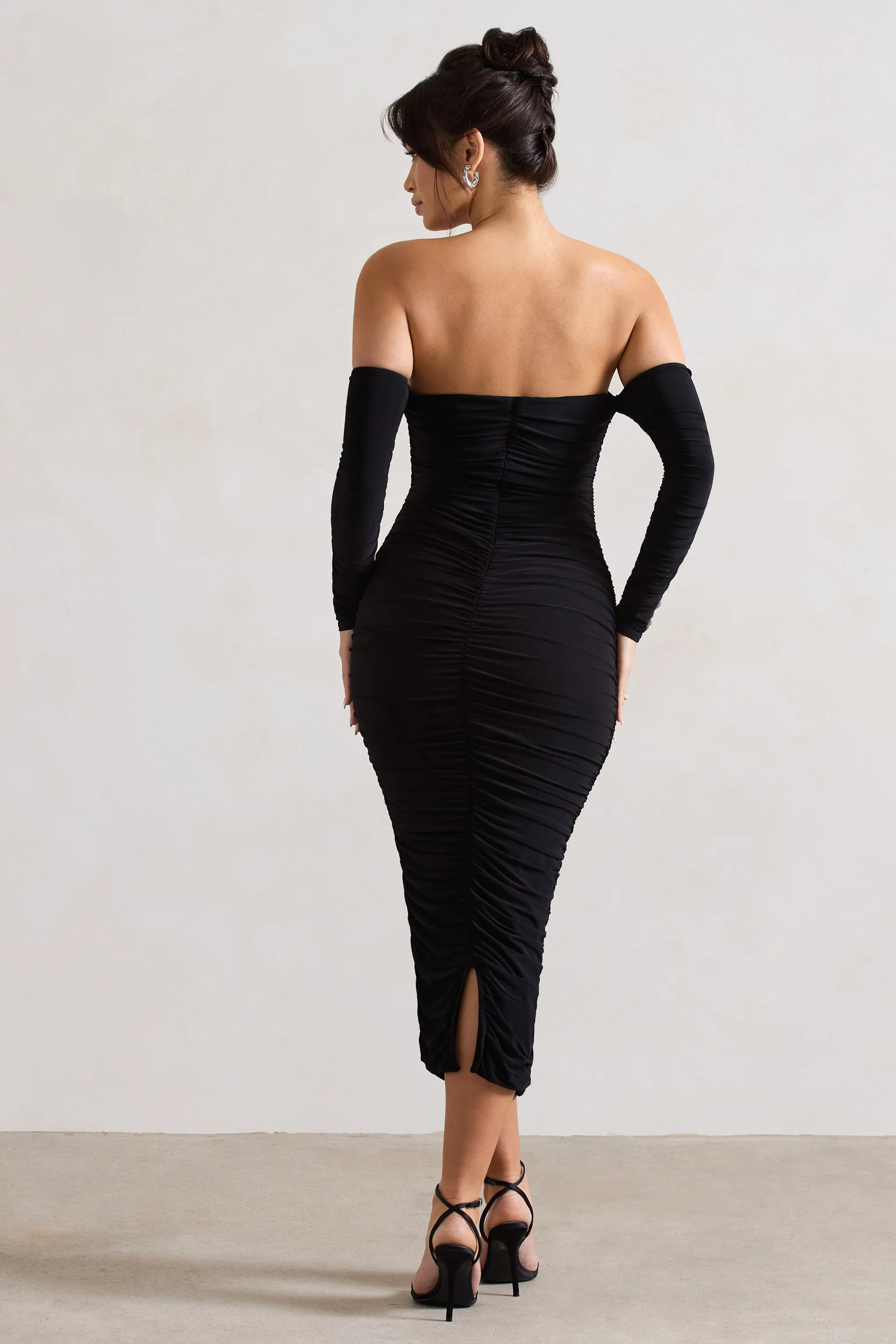 Anissa | Black Ruched Bardot Midi Dress sold by Club L London product image thumbnail 2