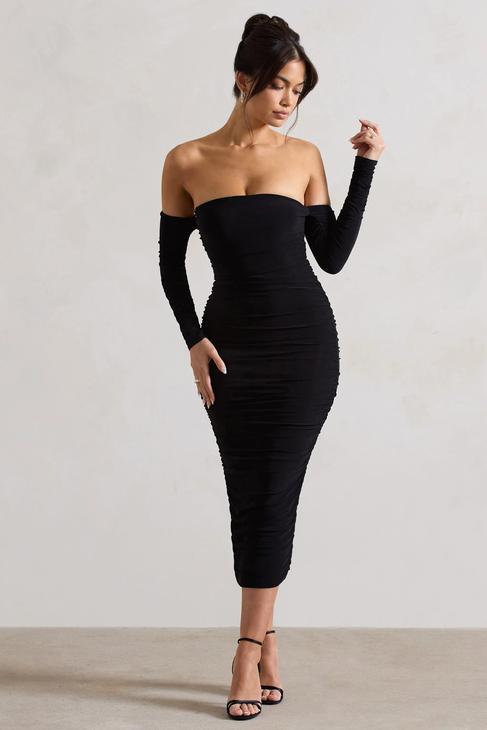 Anissa | Black Ruched Bardot Midi Dress sold by Club L London