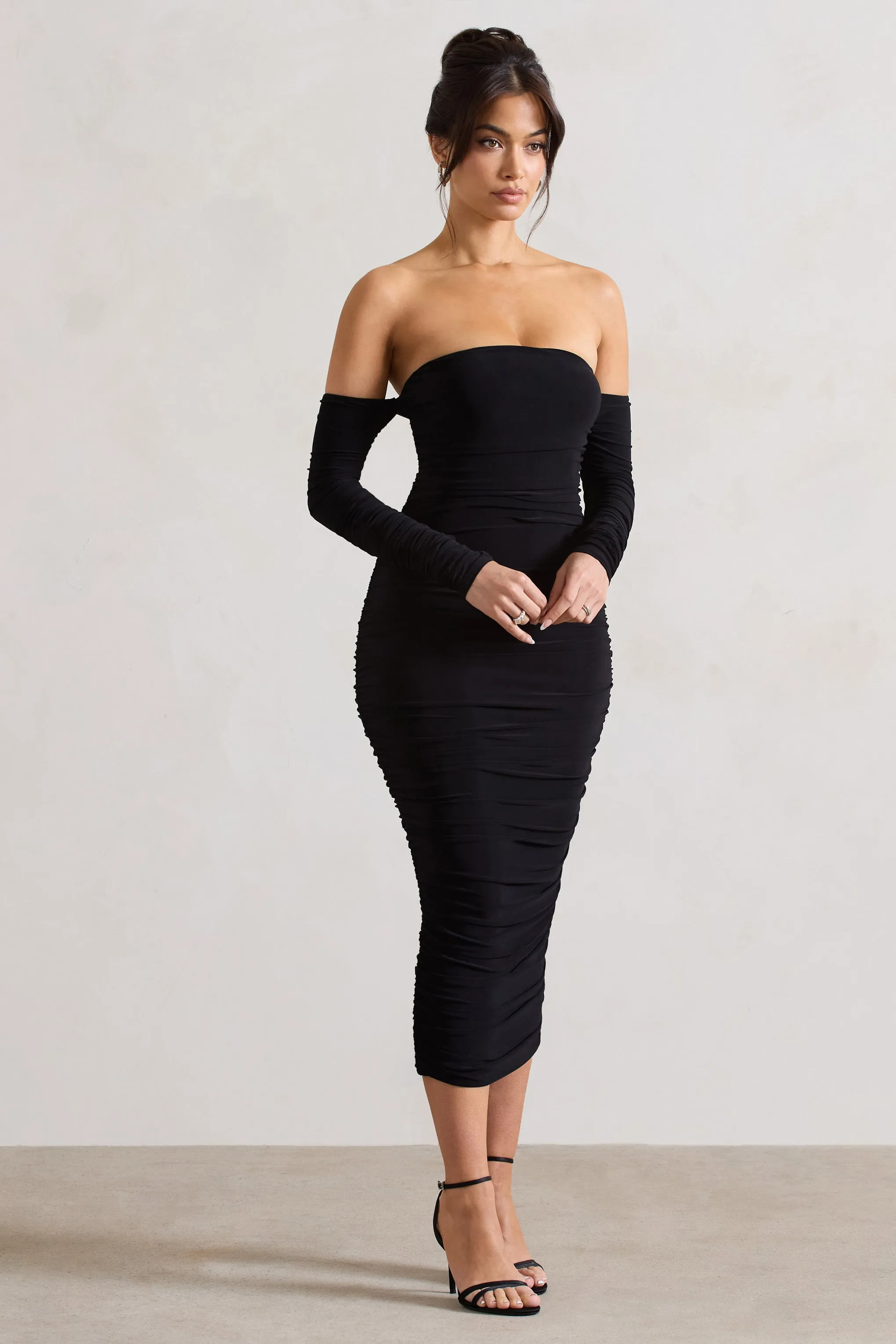 Anissa | Black Ruched Bardot Midi Dress sold by Club L London product image thumbnail 4