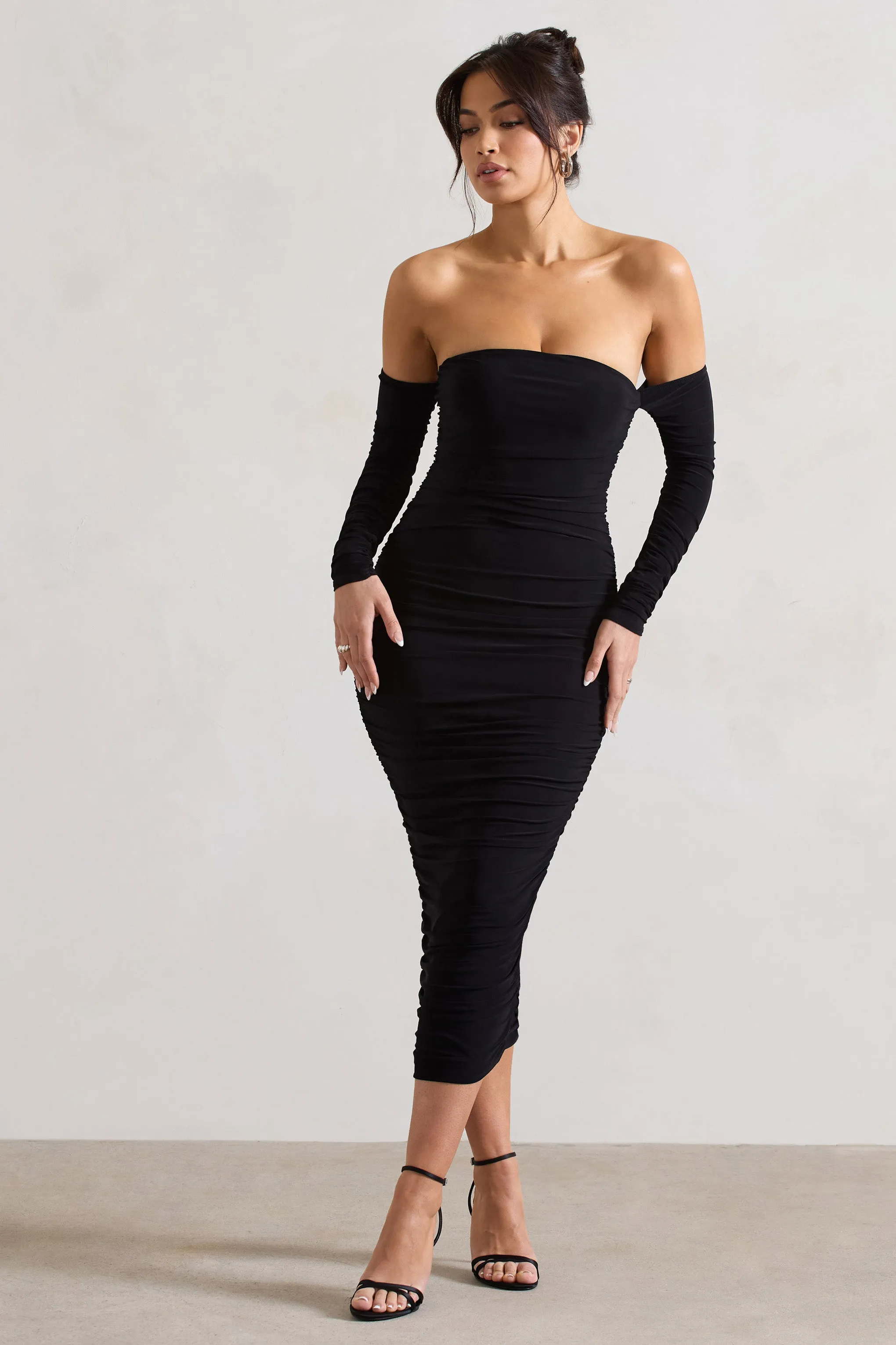 Anissa | Black Ruched Bardot Midi Dress sold by Club L London product image thumbnail 5