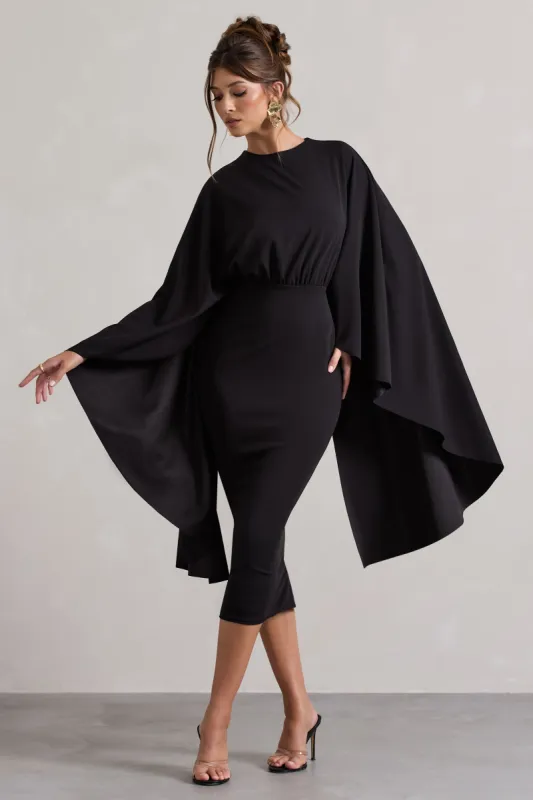 Tranquility | Black Gathered Midi Dress With Cape sold by Club L London