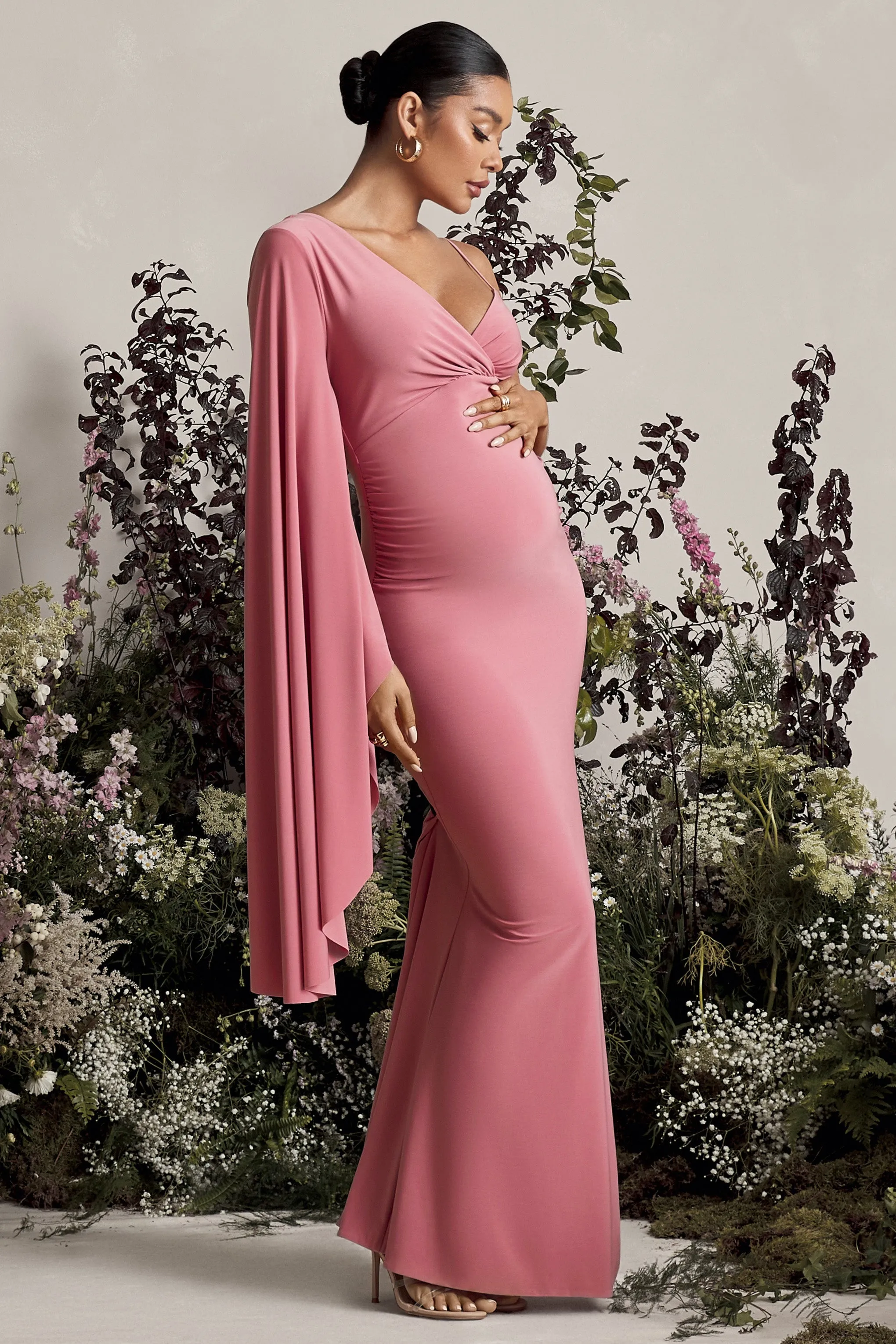 Rhea | Blush Pink V-Neck Split Maternity Maxi Dress With Cape Sleeve sold by Club L London