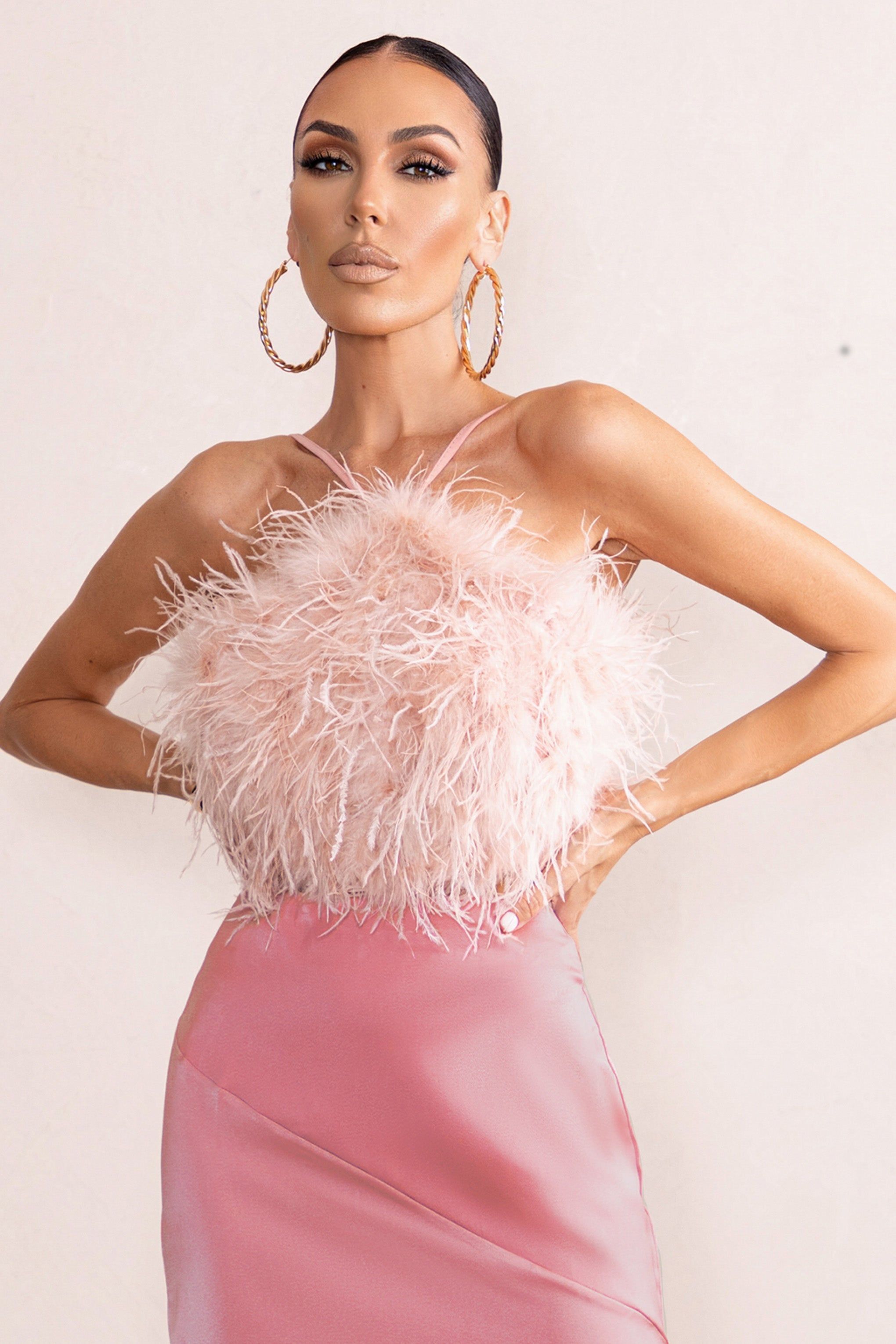Ever-Evolving | Pink Halter Neck Feather Crop Top With Backless Knot Detail sold by Club L London