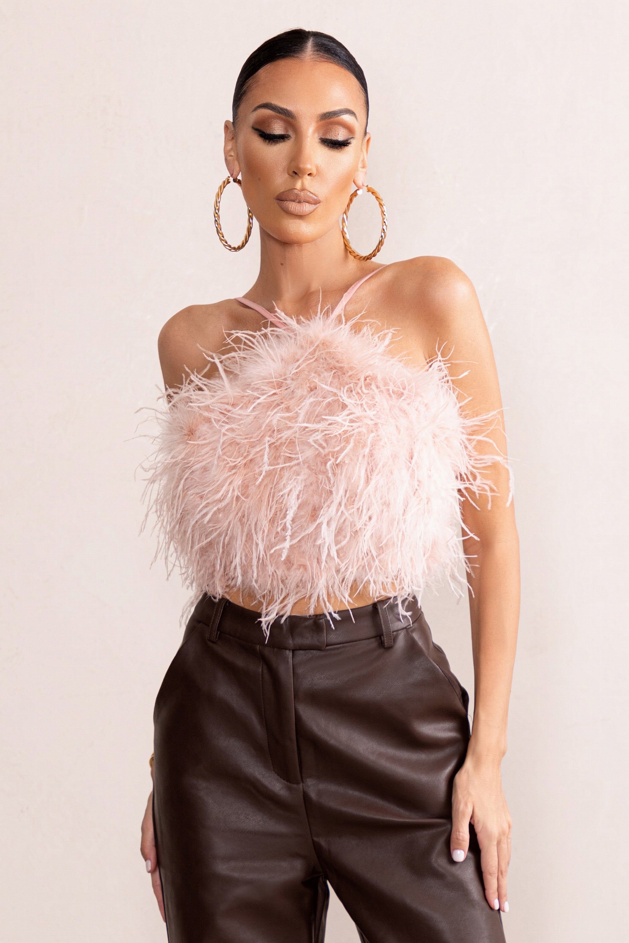 Ever-Evolving | Pink Halter Neck Feather Crop Top With Backless Knot Detail sold by Club L London product image thumbnail 3